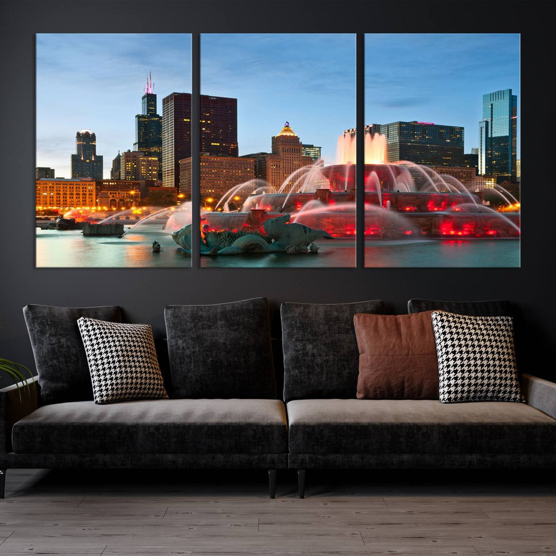 Chicago City Lights Night Skyline Cityscape View Wall Art Canvas Print