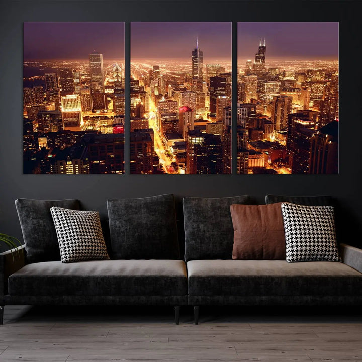 A large artwork showcasing the Chicago Night Skyline cityscape is elegantly displayed on a gallery-wrapped, museum-quality canvas.