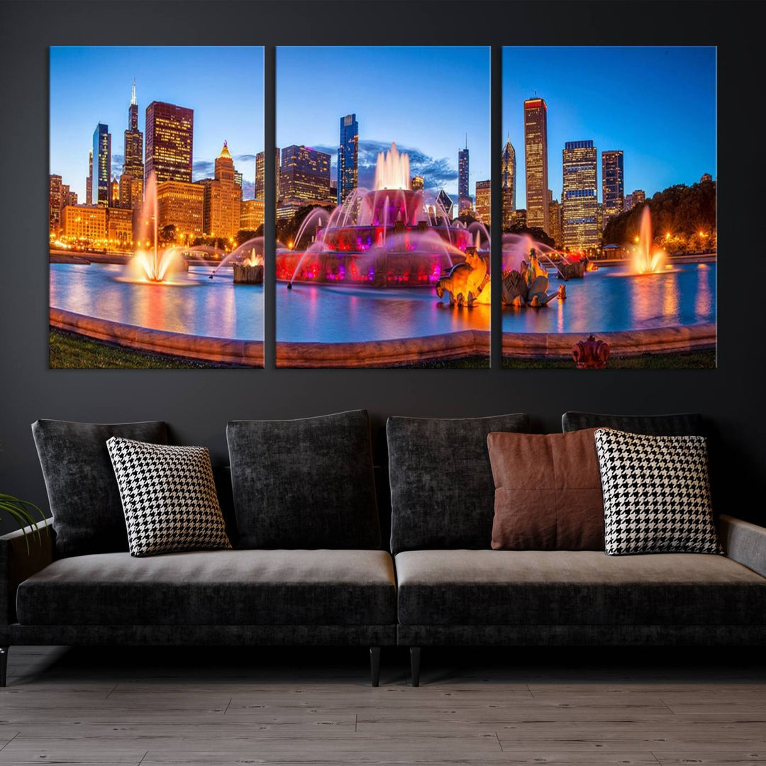 Chicago City Colorful Lights Night Skyline Cityscape View Wall Art Canvas Print