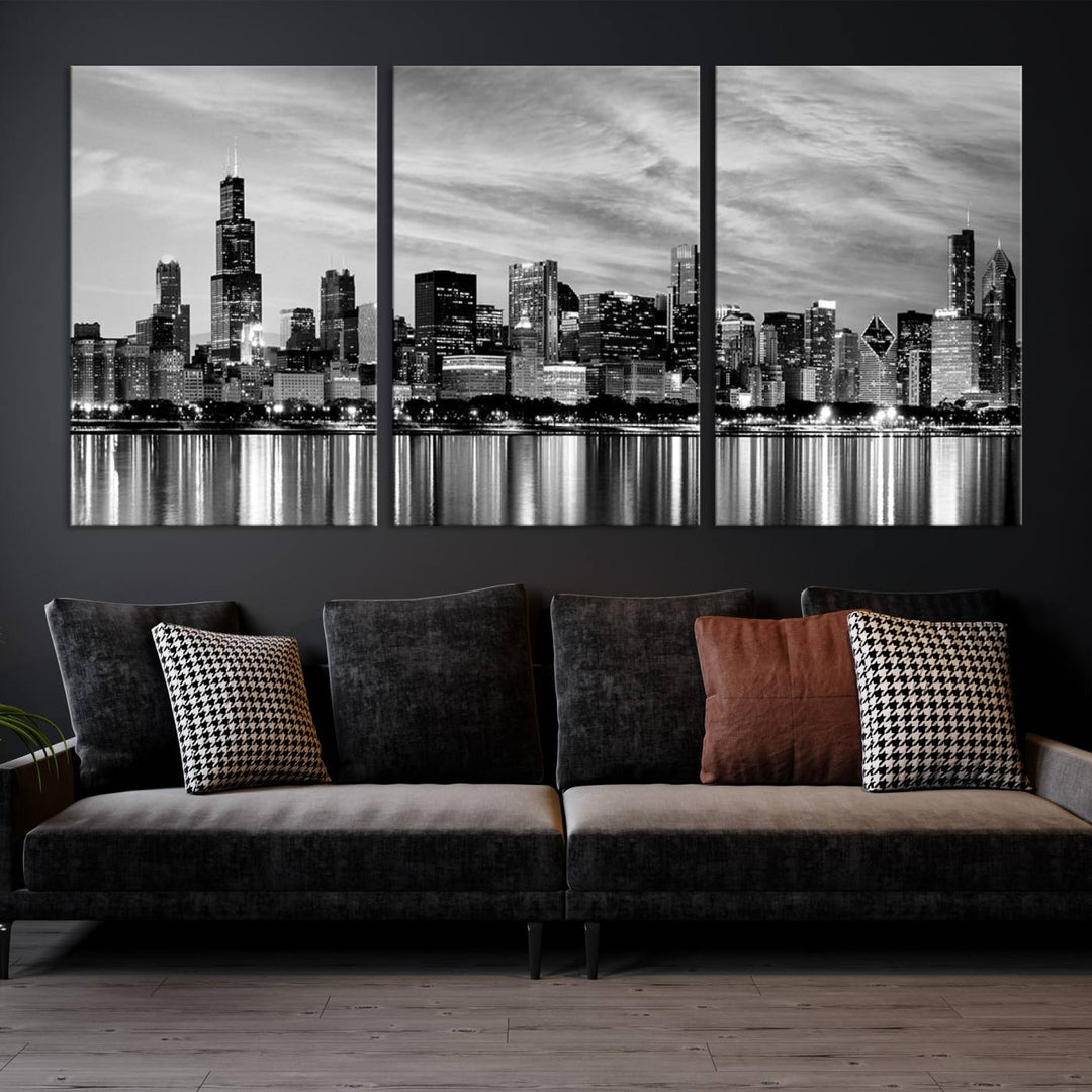 Chicago City Cloudy Skyline Black and White Wall Art Cityscape Canvas Print