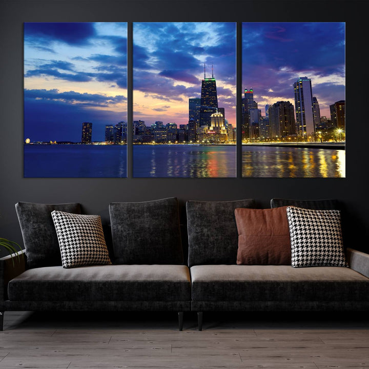 Chicago City Lights Night Cloudy Blue Skyline Cityscape View Wall Art Canvas Print