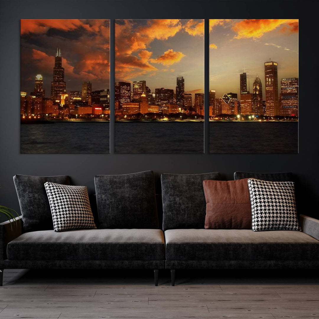 Chicago City Lights Sunset Orange Cloudy Skyline Cityscape View Wall Art Canvas Print