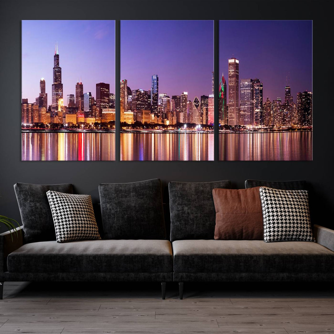 Chicago City Lights Night Purple Skyline Cityscape View Wall Art Canvas Print