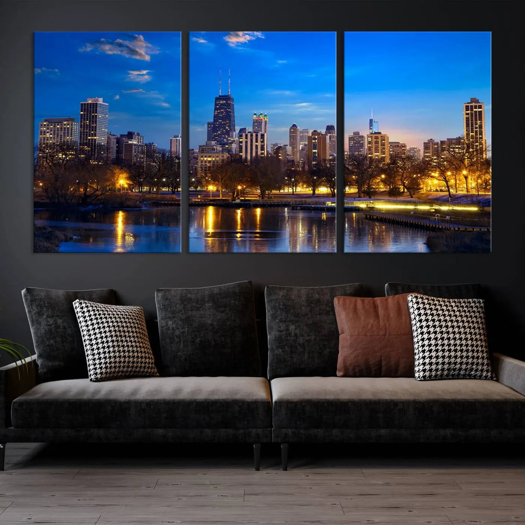 A triptych photo titled "Chicago City Lights Night Blue Skyline Cityscape View Wall Art Canvas Print" is elegantly displayed on gallery-wrapped, museum-quality canvases.