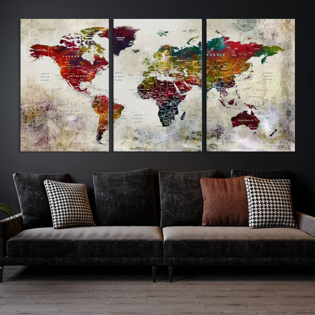 A large framed giclee print of the Vintage World Map Canvas Wall Art, presented in three panels, is mounted on the wall. This antique map decor introduces a touch of classic charm and beautifully contrasts with the contemporary setting.