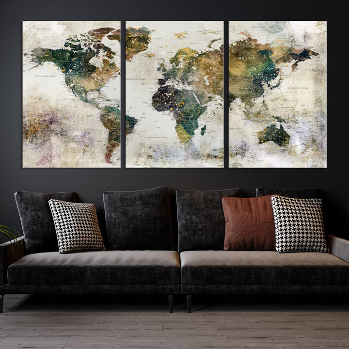 Carte du monde, impression d'art mural, carte sur toile, ensemble mural de 3 panneaux, cadeau, carte de voyage