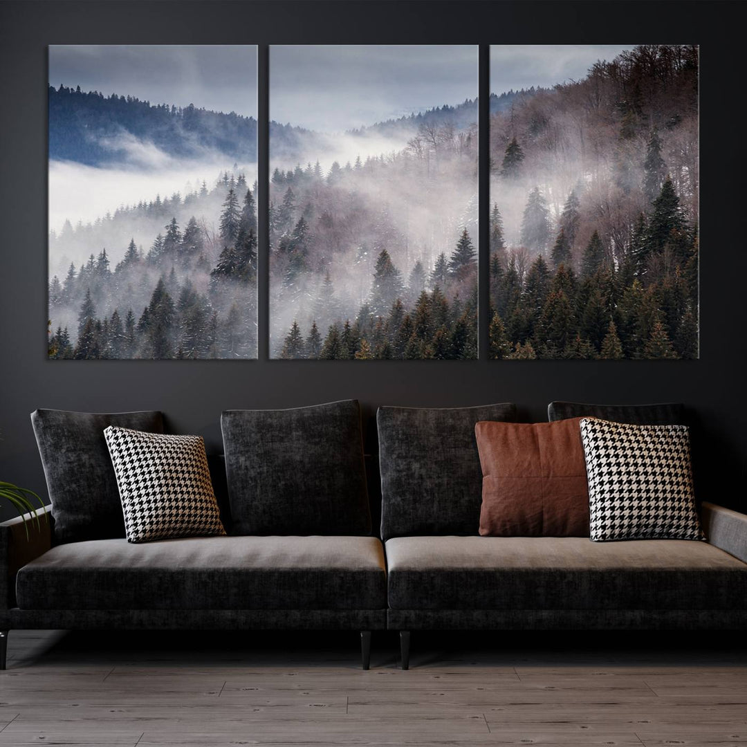 The "Beautiful Rising Fog in Winter Mountain Landscape" wall art is presented on museum-quality canvas, adding a striking visual element to the living room.