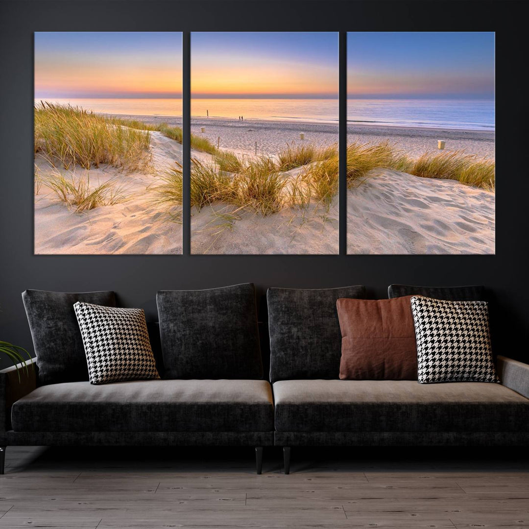 The "Sunset Silence on the Beach" wall art canvas print features a serene beach scene at sunset on museum-quality canvas with a UV-protective coating.