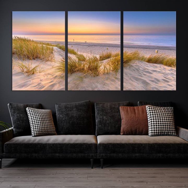 The "Sunset Silence on the Beach" wall art canvas print features a serene beach scene at sunset on museum-quality canvas with a UV-protective coating.