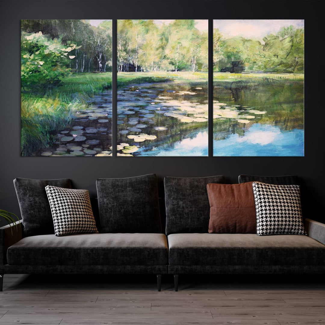 The "Forest Pond River Lake Wall Art Canvas Print" showcases a serene lakeside landscape with trees and water lilies. Crafted on museum-quality canvases and enhanced with UV-protective coating, this piece serves as an elegant addition to any space.