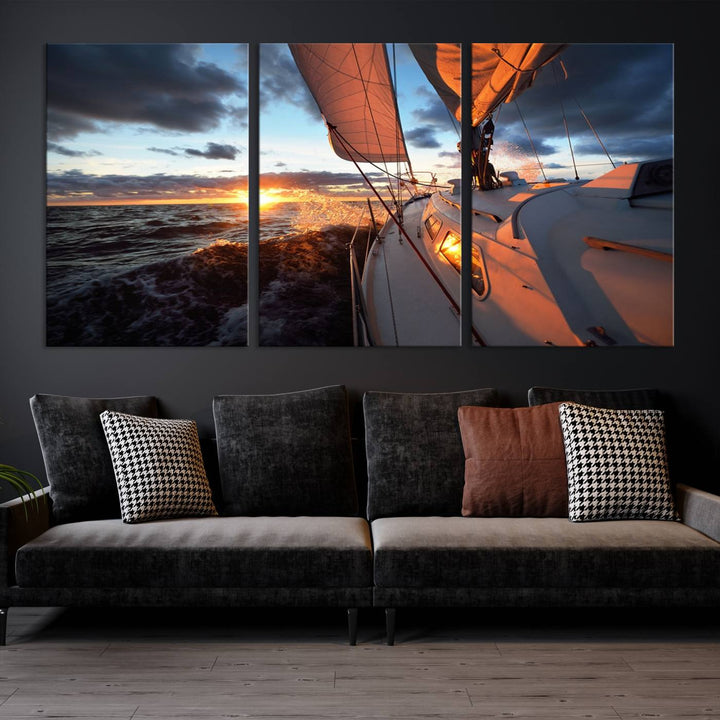 The modern living room is adorned with the Ocean Sunset Sailboat Wall Art, a triptych crafted on museum-quality canvas featuring UV-protective coating for lasting vibrancy.