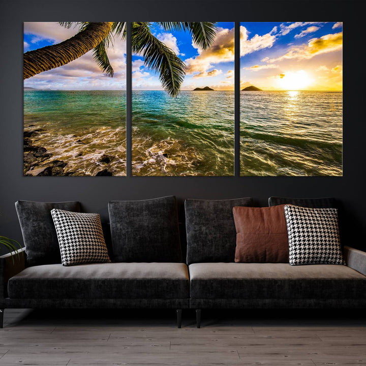 The Sunset Lake View Wall Art Canvas Print, gallery wrapped on a museum-quality canvas, enhances the vibrant living room decor with its UV-protective coating.