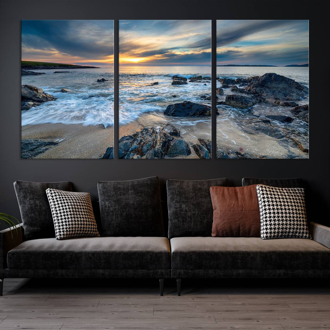 The "Beautiful Stormy Sunset at Bagh Steinigidh Beach Stones" triptych ocean-themed wall art is displayed on museum-quality canvas and features a UV-protective coating.