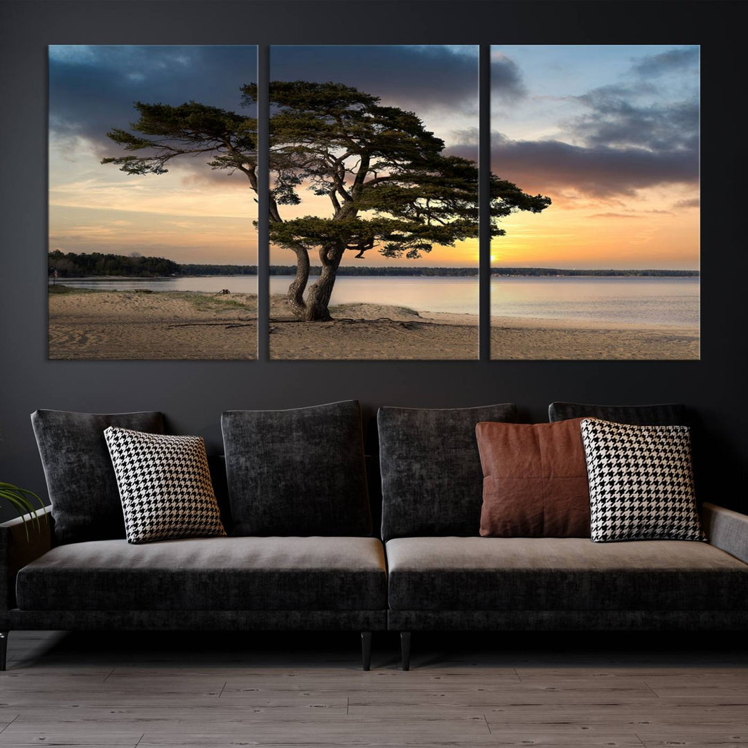 The room showcases the Coastal Sunset Wall Art Canvas Print, a triptych elegantly displayed on museum-quality polycotton canvas, depicting a serene beach sunset with a tree.