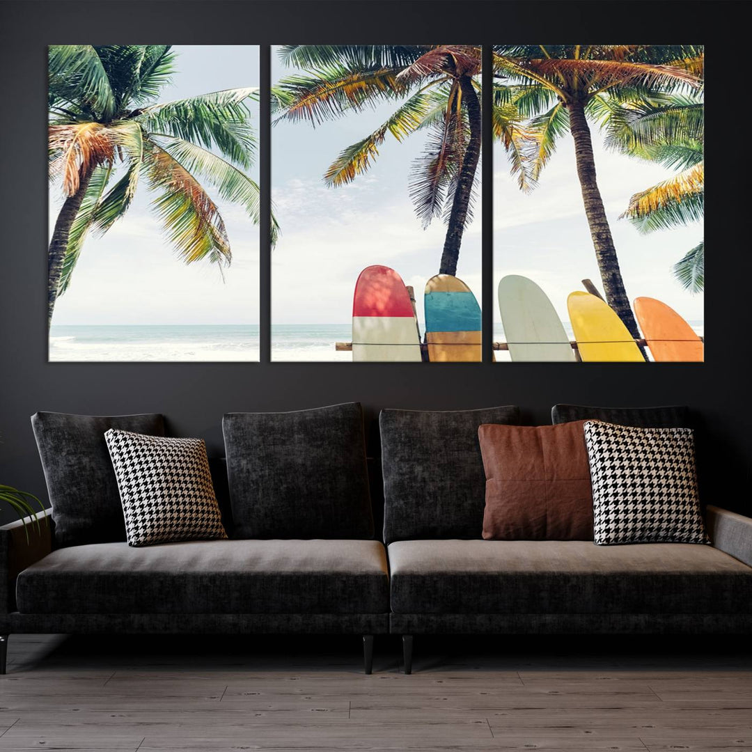 The room showcases The Palm and Surfing Board Wall Art Canvas Print, a triptych of palm trees and surfboards by the beach, elegantly gallery wrapped for a sophisticated finish.