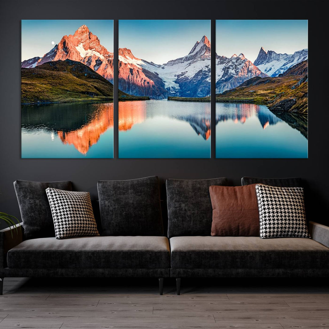 The living room features the Landscape Mountain and Lake View Wall Art Canvas Print. This triptych is expertly handmade in the USA on museum-quality canvas and includes a UV-protective coating to ensure lasting beauty.