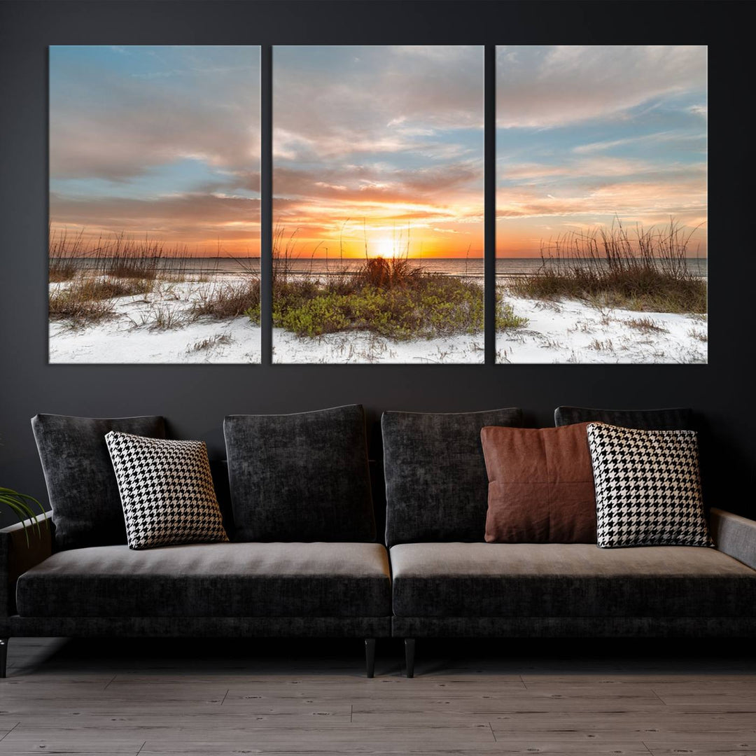 The Beach Ocean Sunset Sand Wall Art Canvas Print is expertly crafted on museum-quality canvases with a UV-protective coating.