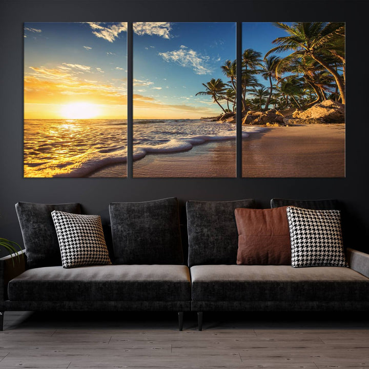 The wall features a Sunset Ocean View Beach Canvas Print, showcasing museum-quality craftsmanship by professional artisans.