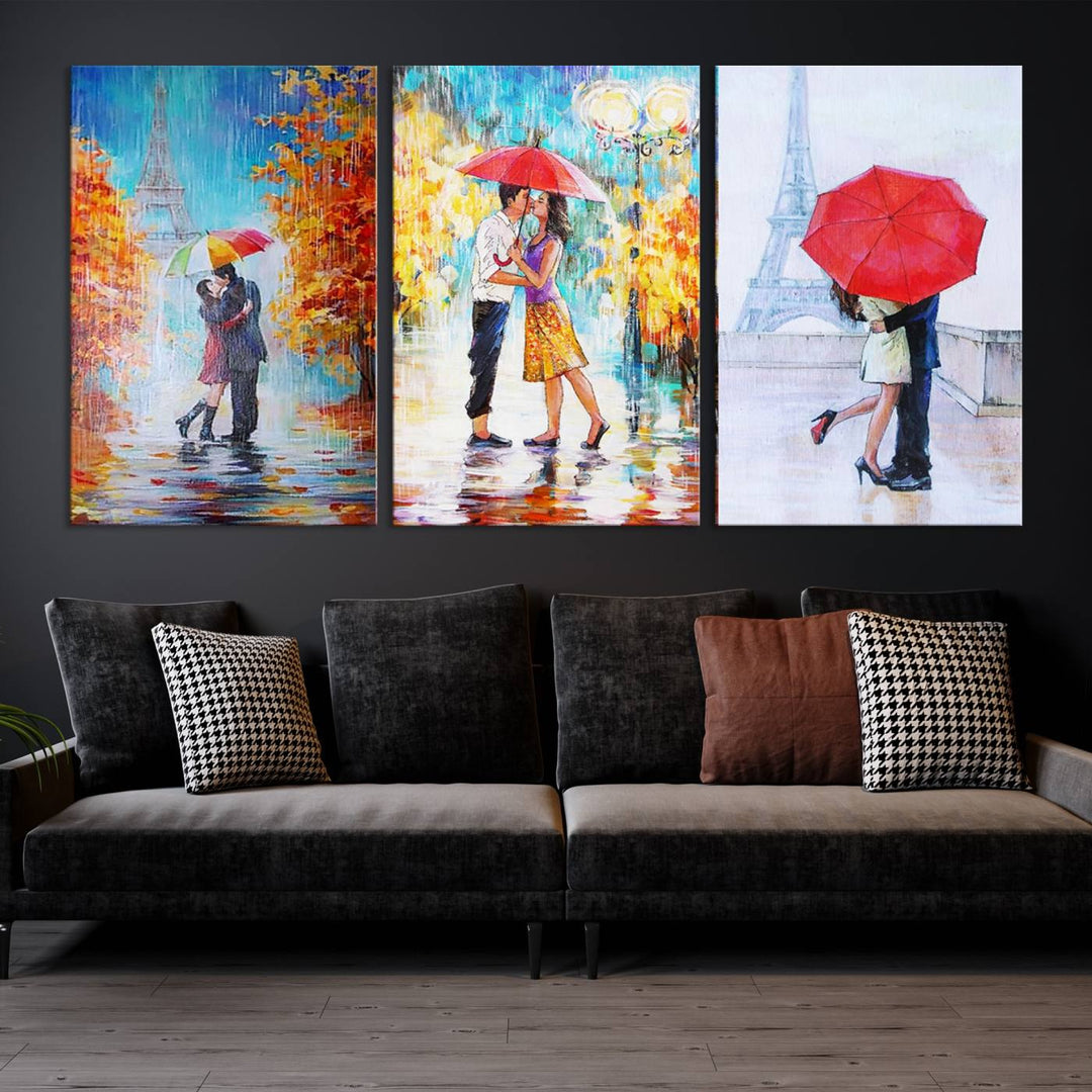 A triptych of the "Love in Paris Wall Art Canvas Print" showcases a couple with an umbrella in romantic settings. This artwork is crafted on museum-quality canvas and features a UV-protective coating for peace of mind. It also comes with the added convenience of free shipping.