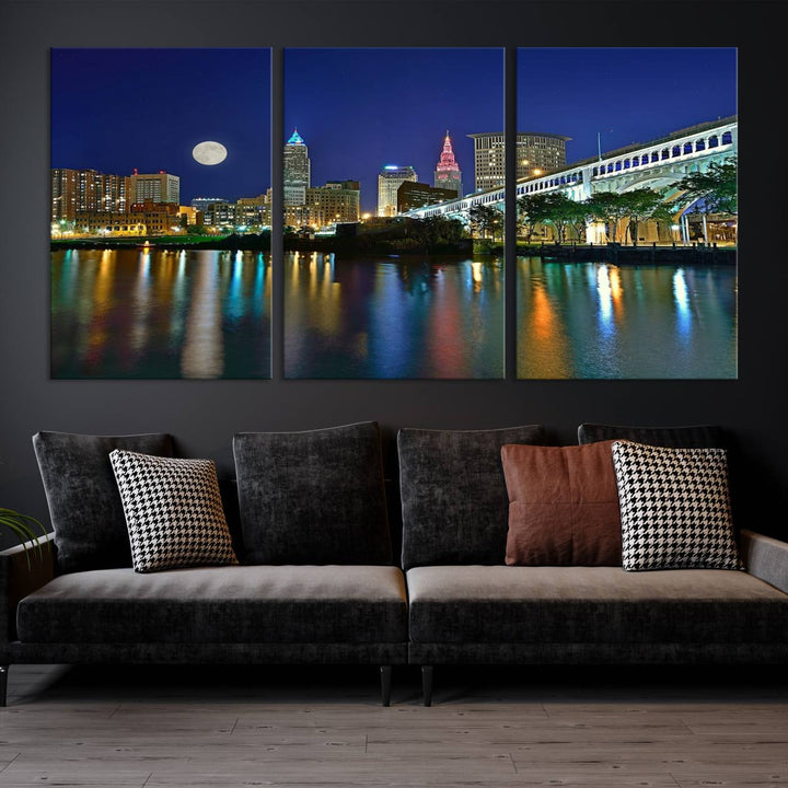 Cleveland City Lights Night Skyline, a stunning triptych wall art cityscape canvas print with museum-quality UV-protective coating, is beautifully showcased.