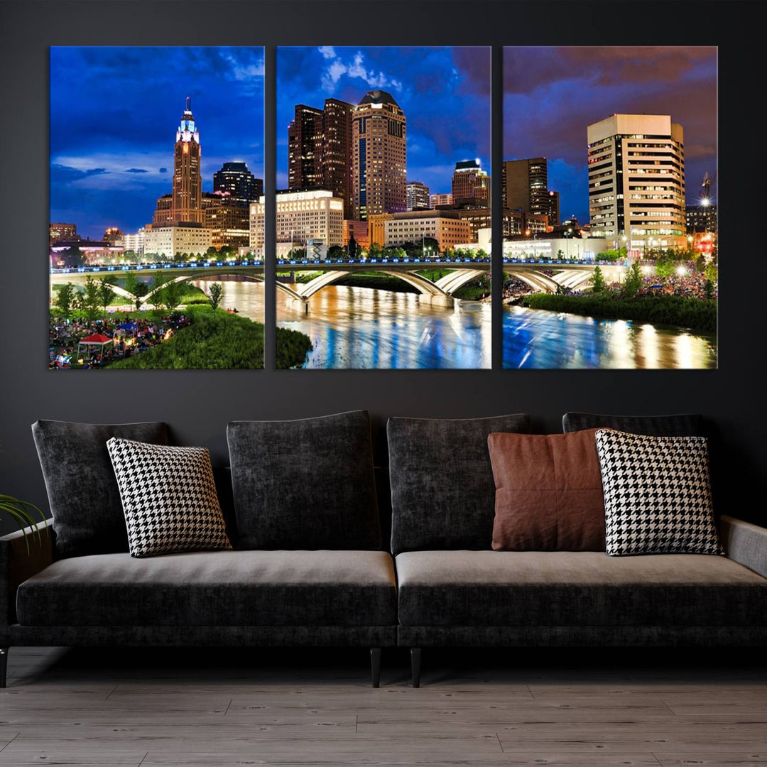 The Columbus City Lights Night Bright Blue Cloudy Skyline Cityscape View Wall Art Canvas Print, crafted on museum-quality canvas and finished with a UV-protective coating, adorns the wall.