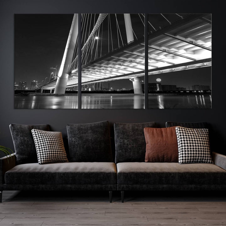 The modern living room features the museum-quality "Dallas City Bridge Lights Skyline Black and White Wall Art Cityscape Canvas Print," elegantly displayed on gallery-wrapped canvas.