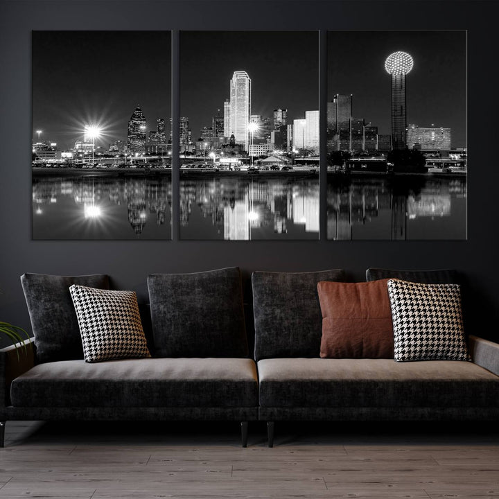 The living room showcases the Dallas City Lights Skyline Black and White Wall Art Cityscape Canvas Print. This museum-quality artwork is ready to hang and features a UV-protective coating to maintain its vibrant colors.