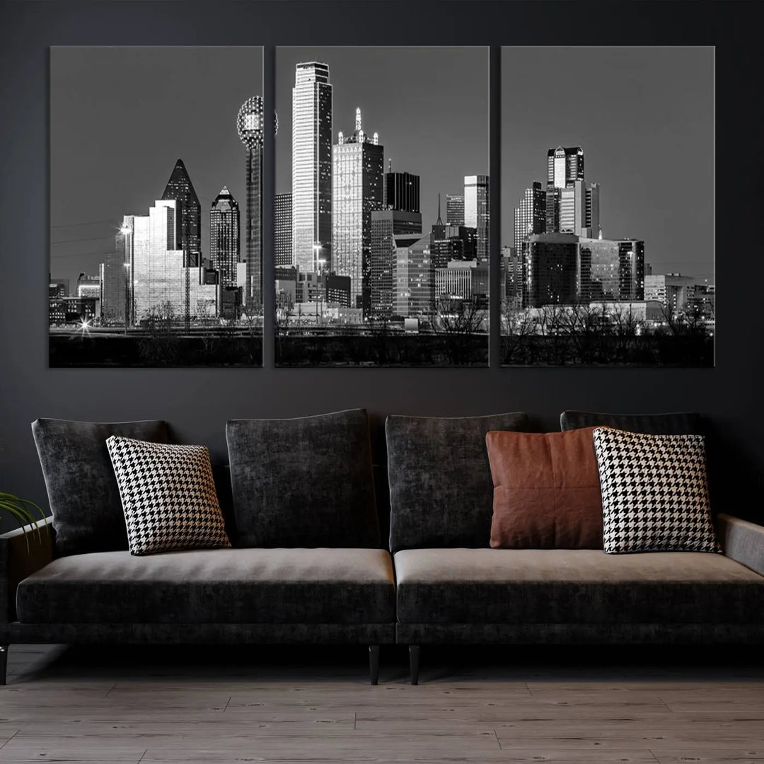 A black and white triptych of the Dallas city skyline is displayed, crafted on museum-quality canvas. This wall art piece is ready to hang, with each component adorned with a UV-protective coating to maintain its captivating appeal.