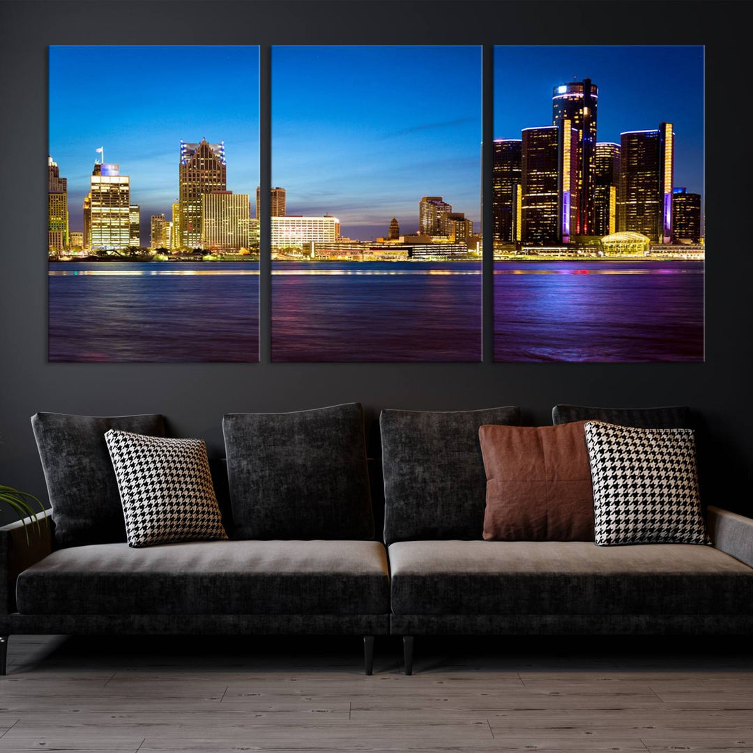 The living room features a breathtaking canvas print titled "Detroit City Lights Night Bright Blue Skyline Cityscape View," presented in a stunning triptych format on museum-quality canvases that are ready to hang.