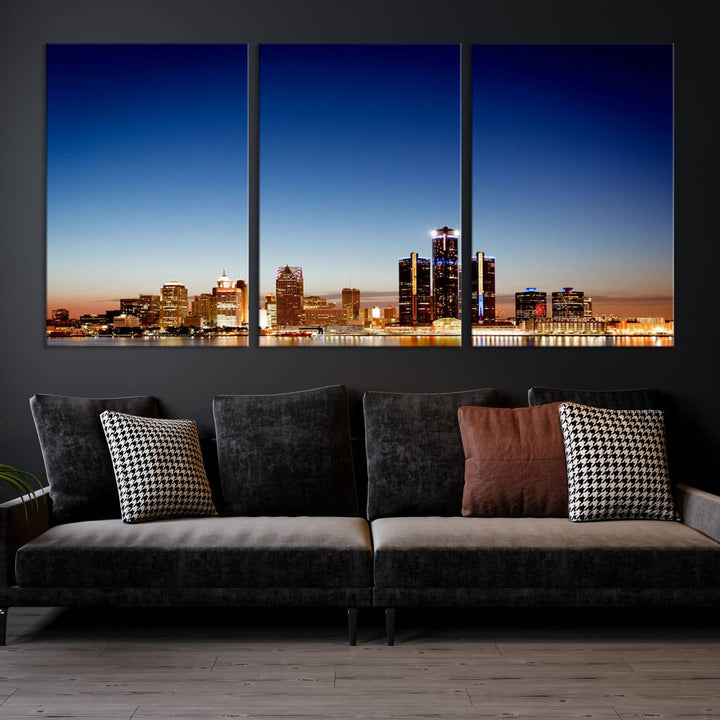 The Detroit City Lights Sunrise Skyline Cityscape View Wall Art Canvas Print adorns the modern living room. Crafted on museum-quality canvas with a UV-protective coating, this piece is ready to hang and elegantly elevates your décor.