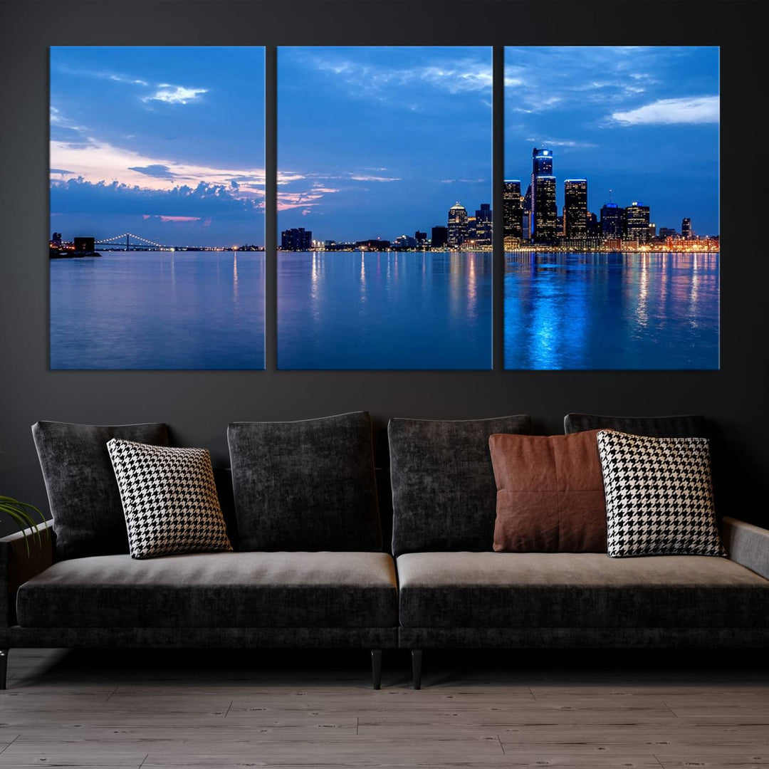 The "Detroit City Lights Night Blue Cloudy Skyline Cityscape View" wall art, displayed on museum-quality canvases, is split into three gallery-wrapped panels.