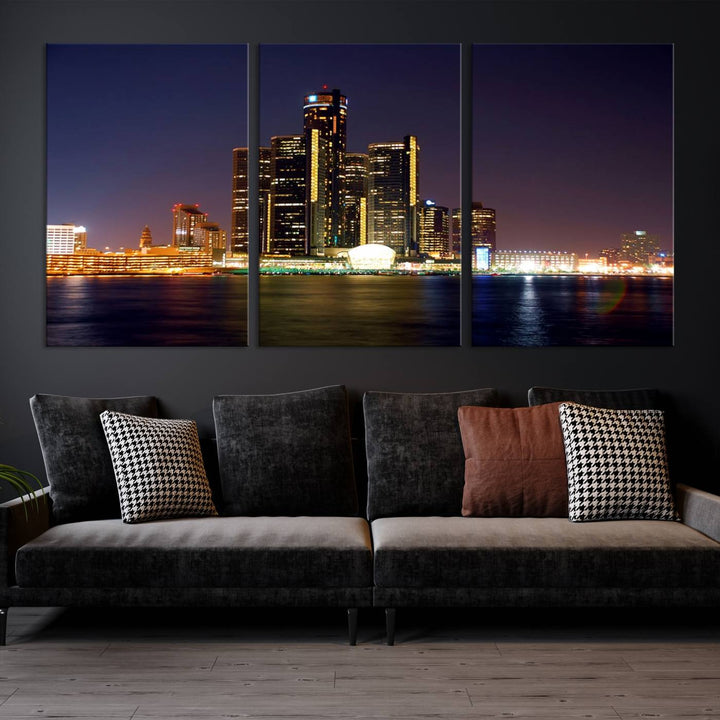 The Detroit City Lights Night Skyline Cityscape View Wall Art Canvas Print, elegantly split into three panels, is made from museum-quality pollycotton and gallery wrapped for a sophisticated touch. It is available with free shipping to effortlessly elevate your space.