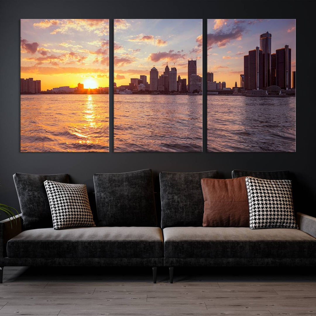 The "Detroit City Lights Sunrise Cloudy Skyline Cityscape View Wall Art Canvas Print" is a panoramic triptych that beautifully captures a sunrise over water. Printed on museum-quality canvas, it’s gallery wrapped and features a UV-protective coating, ensuring lasting vibrancy against the fading effects of sunlight.