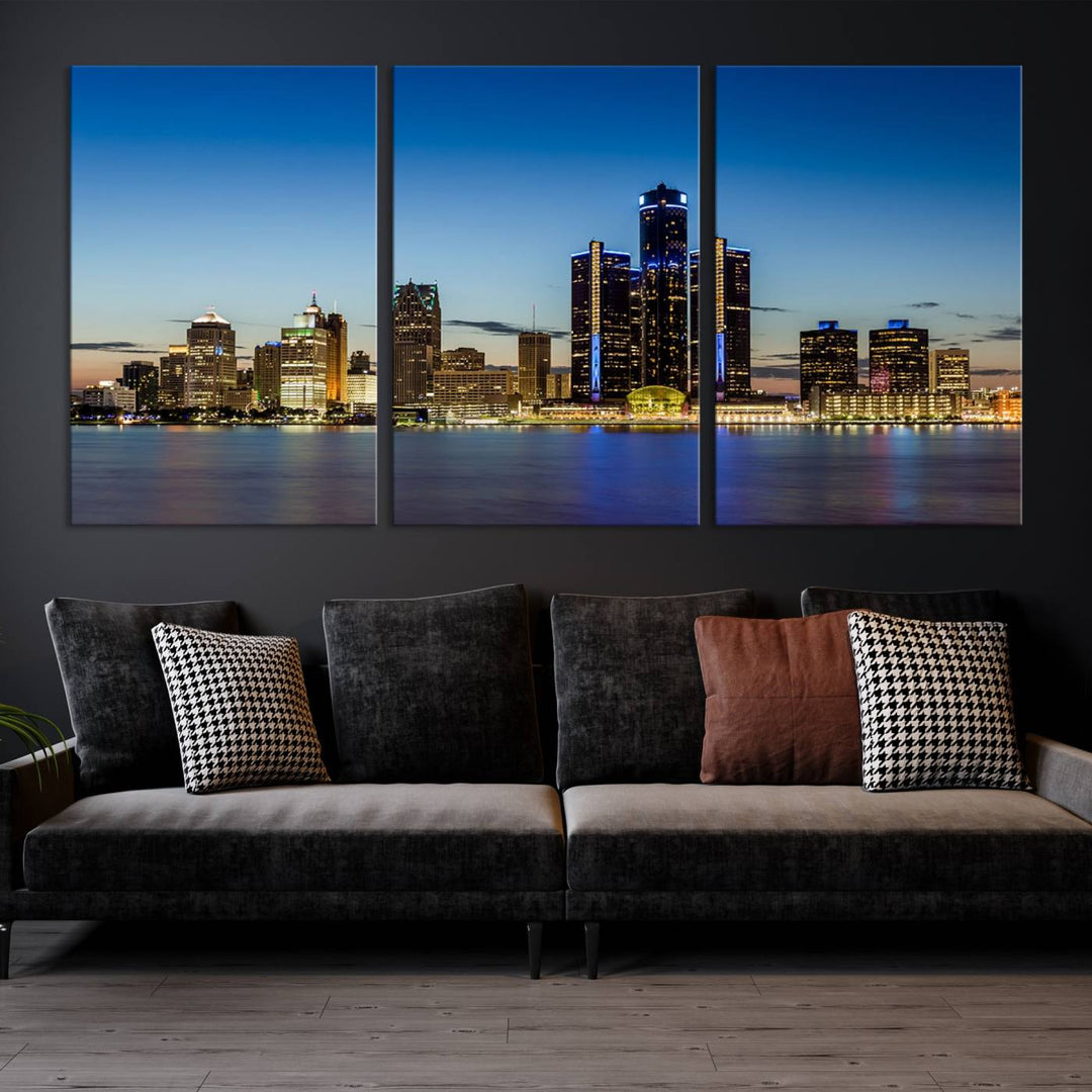 The "Detroit City Lights Sunrise Skyline Cityscape View Wall Art Canvas Print" on the wall is a triptych gallery-wrapped on museum-quality canvas, adding an elegant touch to the space.