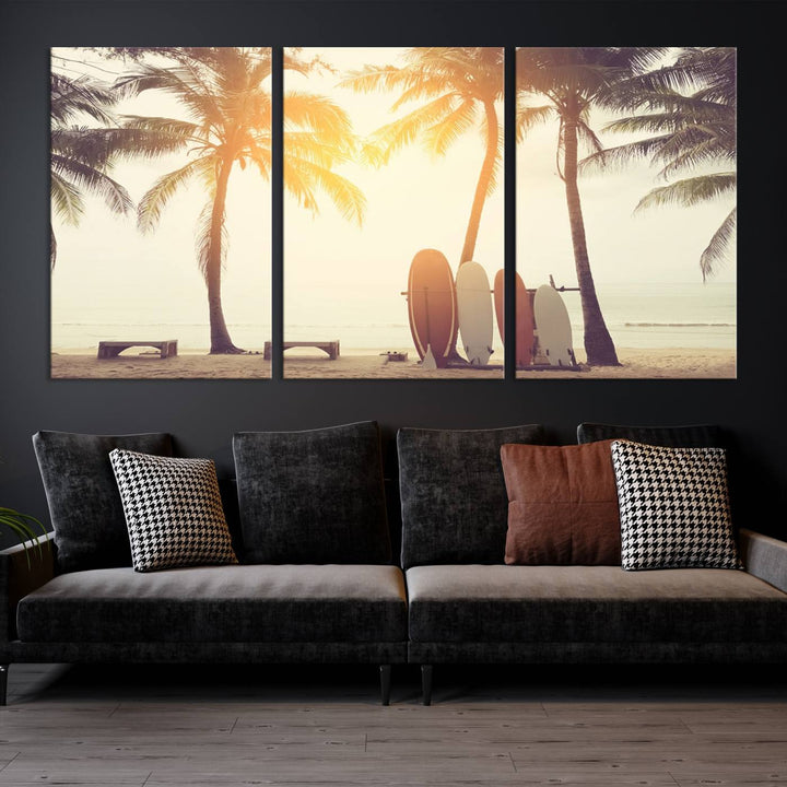 Surfboard and Palm Tree on Beach Double Exposure with Colorful Bokeh Sunset Light Wall Art Canvas