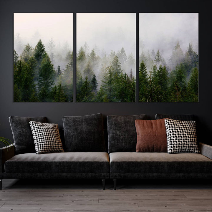 A 3-panel Misty Pine Forest Wall Art Canvas Print, featuring a green woodland scene, adorns the wall.