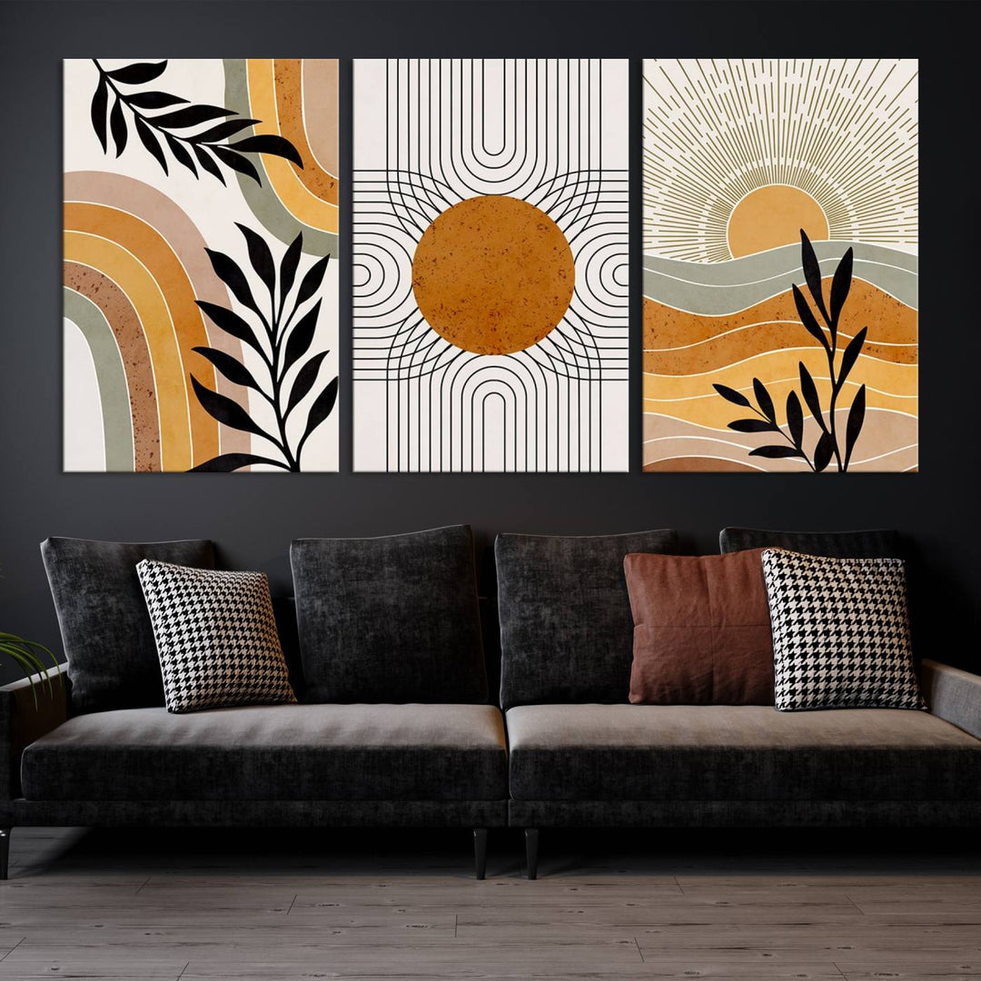 Modern Boho Sun and Leaf Abstract Art – 3-Panel Giclée Canvas for Mid-Century Modern or Bohemian Wall Decor