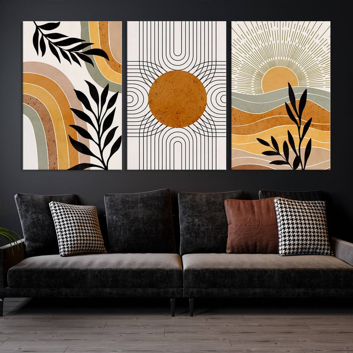 Modern Boho Sun and Leaf Abstract Art – 3-Panel Giclée Canvas for Mid-Century Modern or Bohemian Wall Decor