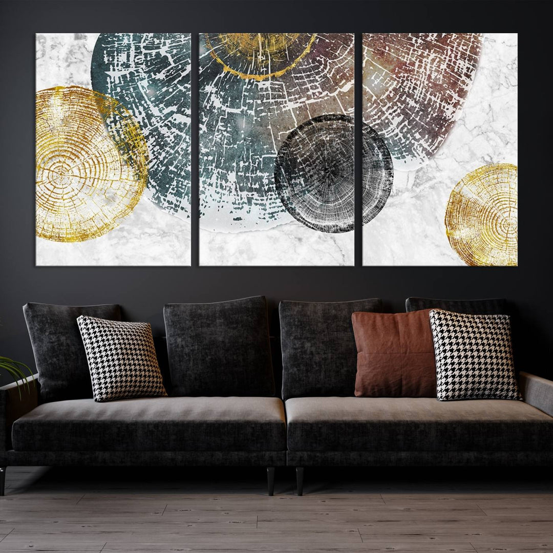 Contemporary living room showcasing the "Wood Lines" 3 Panel Abstract Wall Art Canvas Print displaying museum-quality tree ring art on the wall.