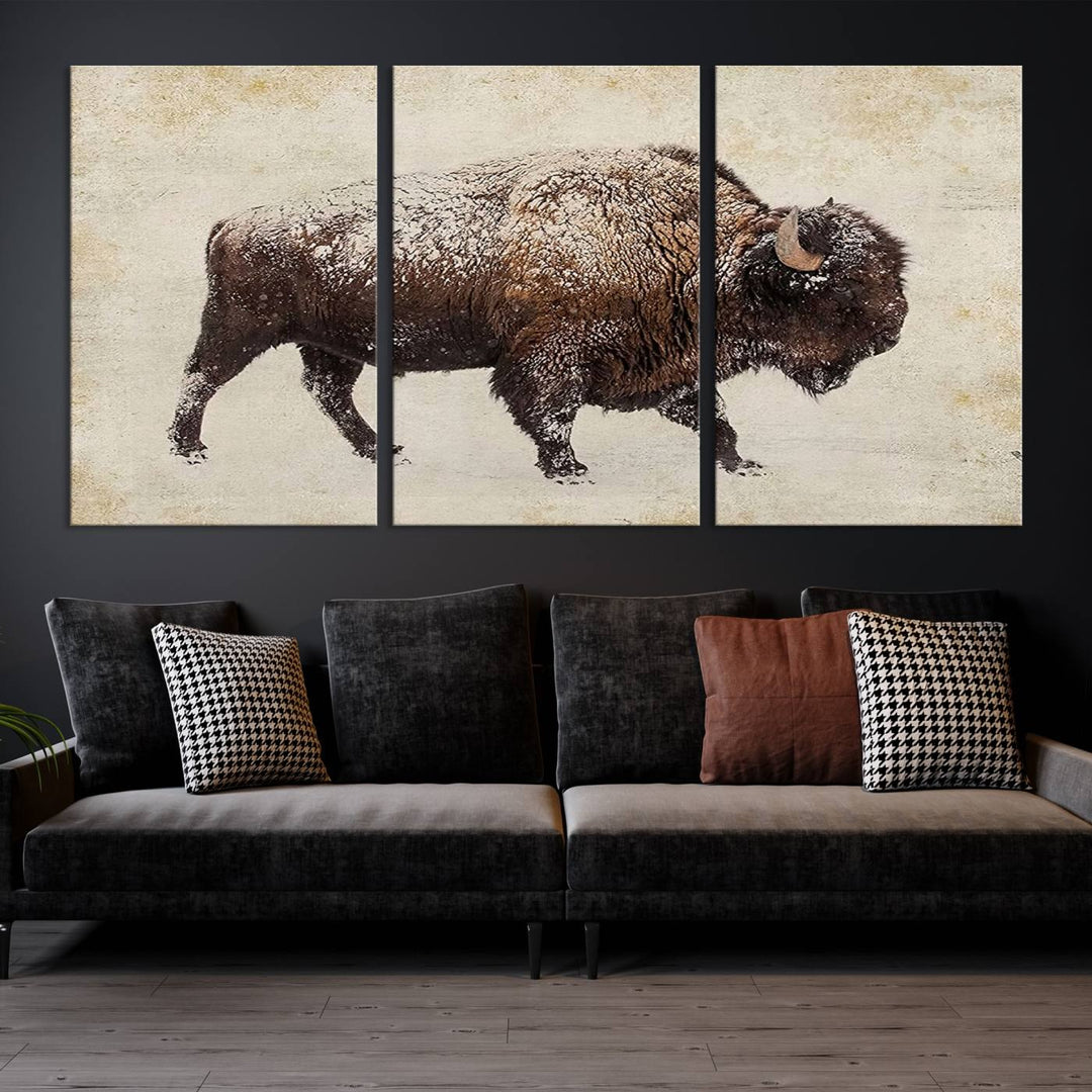 The "Buffalo Wall Art" canvas print, featuring a Western bison, hangs prominently, infusing the space with rustic cowboy and Western decor.