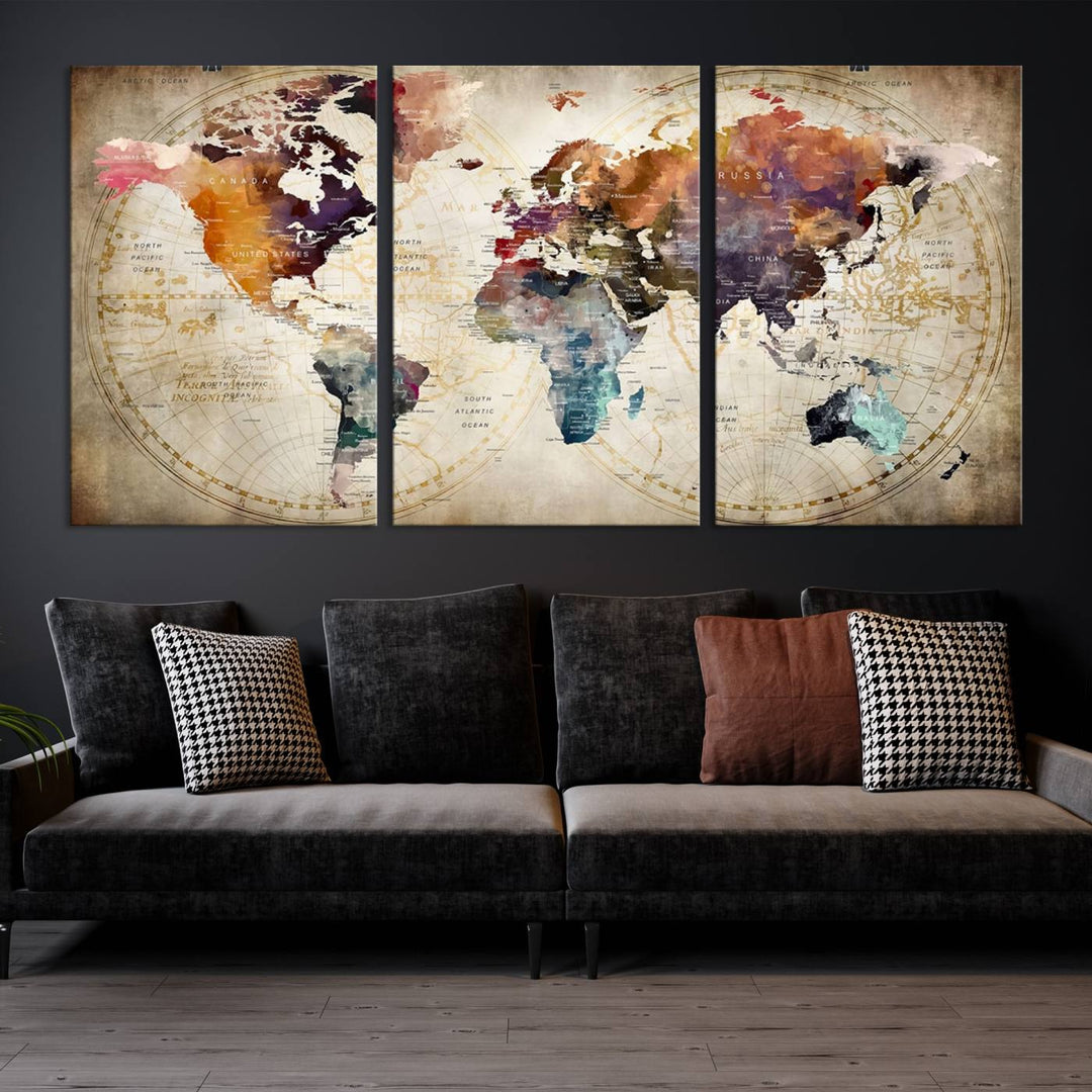 A World Map Wall Art Canvas Print featuring vibrant colors is crafted on museum-quality canvas, adding a touch of elegance to the room.