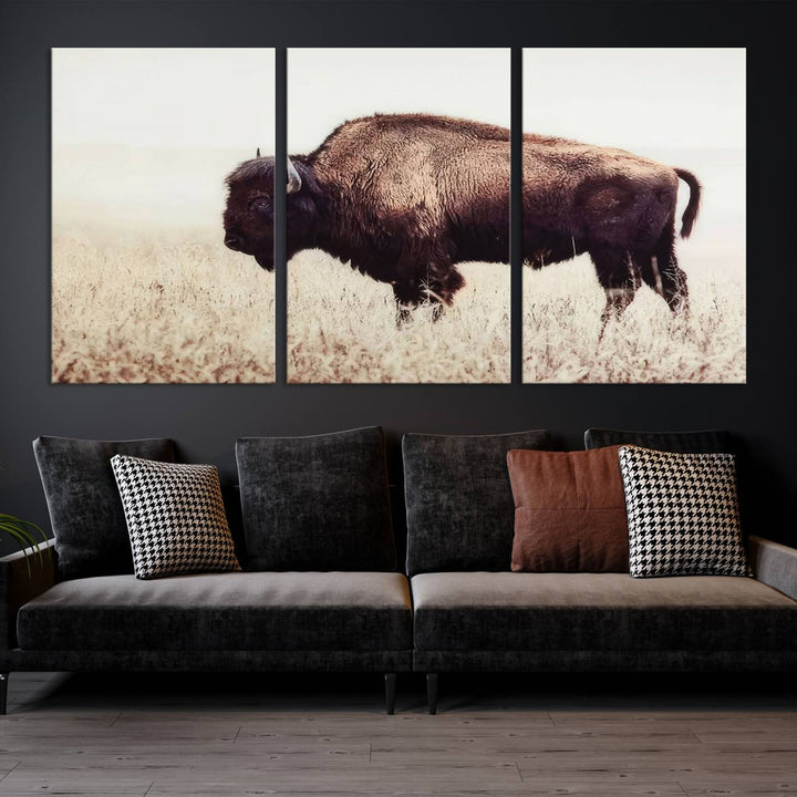 A stylish living room showcases the captivating "Bison in Field" Wall Art Canvas Print as farmhouse decor.