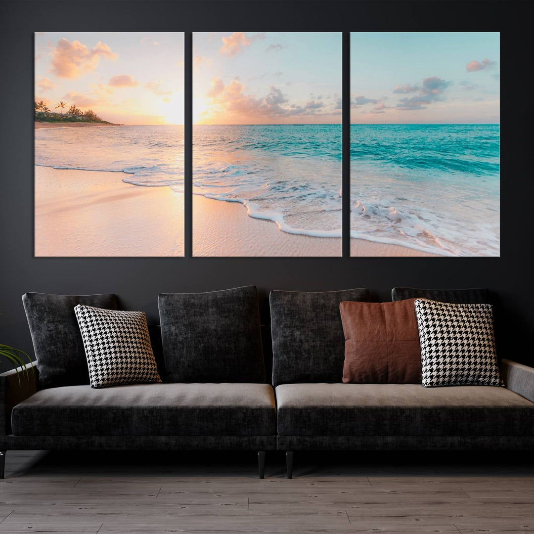 Beach Sunrise Wall Art, Coastal Seascape Canvas Print, Ocean Wave Multi-Panel Giclee, Coastal Sunset Beach Scene for Modern Decor