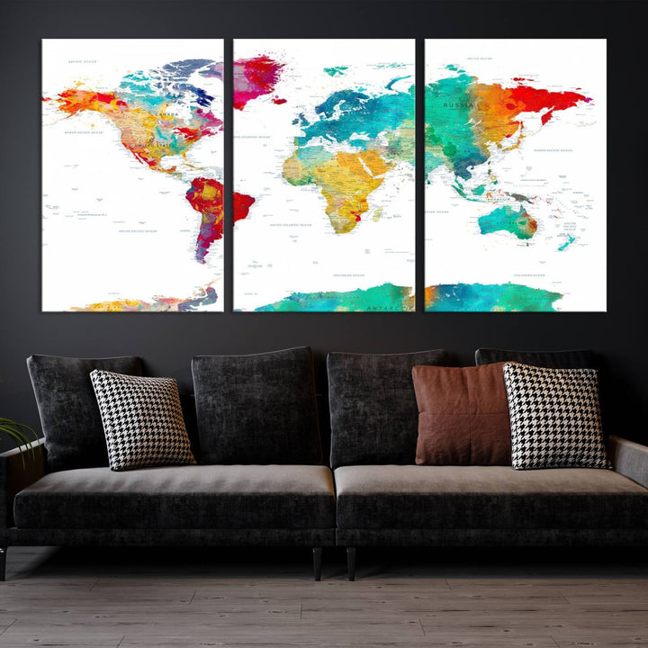 A stunning Colorful World Map Triptych Canvas Print, featuring a ready-to-hang framed design, adds vibrancy and modern flair to the space, effortlessly elevating the entire home décor.