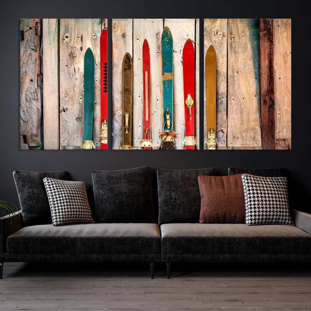 The Vintage Ski Decor Triptych Canvas Art, designed as rustic cabin wall art for winter enthusiasts, creates captivating wall art.