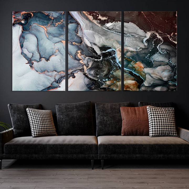 The Mix Color Large Abstract Marble Wall Art Canvas Print is printed on museum-quality canvas. It features a UV-protective coating and is ready to hang, adding elegance to the room.