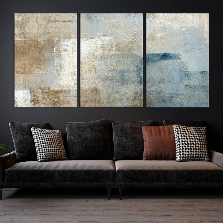 Abstract Blue and Beige Wall Art, Modern Minimalist Canvas Print Set, Giclee Textured Art, Large Multi-Panel Artwork for Living Room