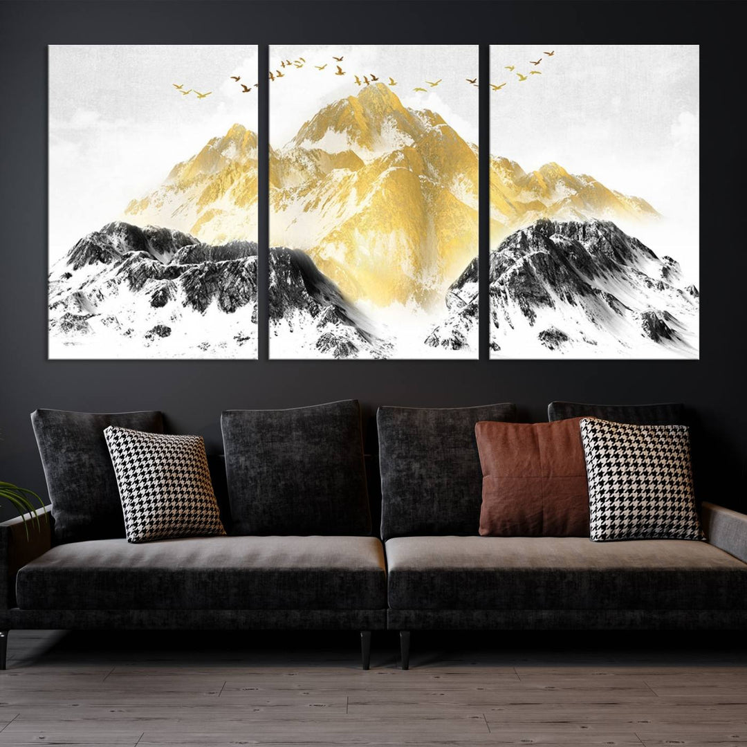 Golden mountain triptych wall art, modern giclee canvas print for luxurious landscape decor.