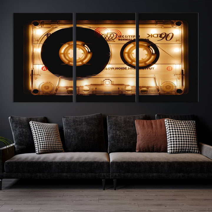 The Shining Audio Cassette Retro Music Wall Art Canvas Print, featuring a vintage cassette tape design and protected with a UV coating on museum-quality canvases, creates an impressive visual impact.