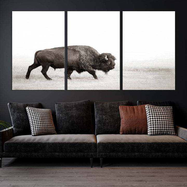 American Bison in Grasslands Triptych Canvas Wall Art – Western-Inspired Nature Decor for Home or Office